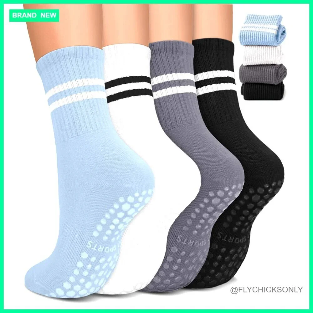 Non-Slip Grip Socks for Yoga Pilates Barre 4 Pairs Cotton Spandex